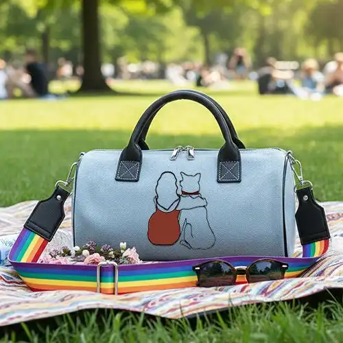 Embroidered Duffle Bag With Girl And Paw Design