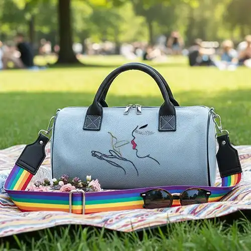 Embroidered Duffle Bag With Lips And Freckles Design