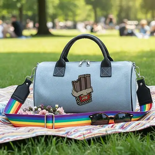 Embroidered Duffle Handbag With Sweet Treat Bar Design