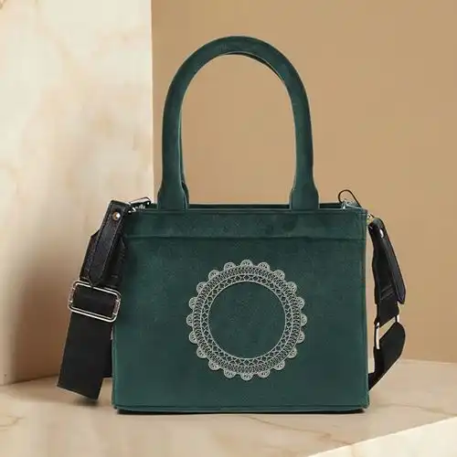 Embroidered Green Small Bag With Floral Lace Ring Design