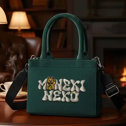 Embroidered Green Small Handbag With Fortune Cat Patch Design