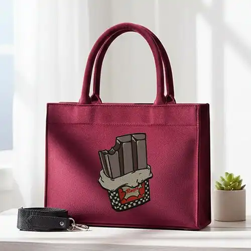 Embroidered Maroon Large Handbag With Sweet Treat Bar Design