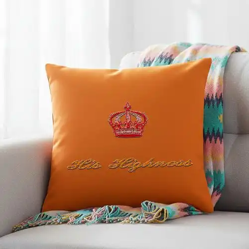 Embroidered Orange Cushion Cover With Crown Of Honor Design