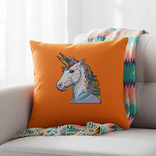 Embroidered Orange Cushion Cover With Starlit Unicorn Design