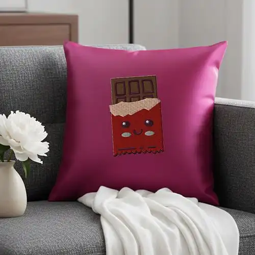 Embroidered Pink Cushion Cover With Happy Choco Bar Design
