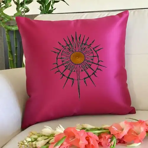 Embroidered Pink Cushion Cover With Radient Eclipse Design