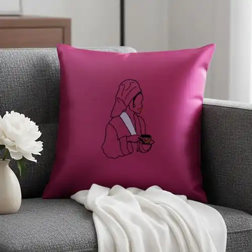 Embroidered Pink Cushion Cover With Self Care Sip Design