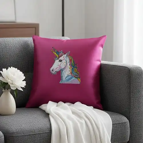 Embroidered Pink Cushion Cover With Starlit Unicorn Design