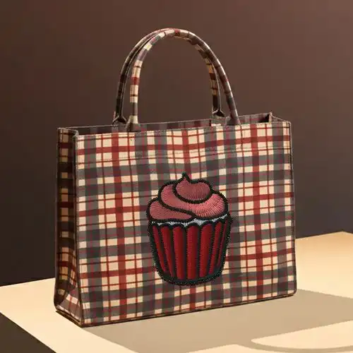 Embroidered Red Black Large Bag With Cupcake Swirl Design