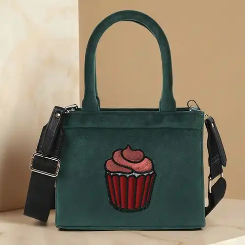 Embroidered Red Black Small Handbag With Cupcake Swirl Design