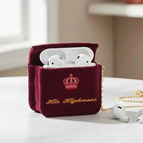 Embroidered Red Earphone Cover With Crown Of Honor Design