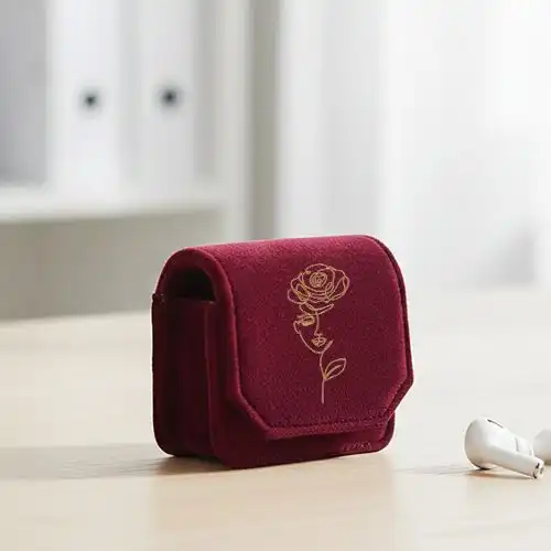 Embroidered Red Earphone Cover With Face Of Flora Design