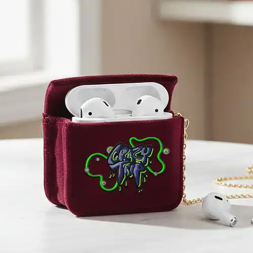 Embroidered Red Earphone Cover With Neon Vibe Design