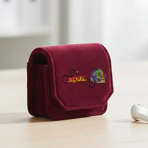Embroidered Red Earphone Cover With Sonic Skull Design