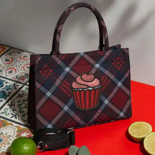 Embroidered Red Large Handbag With Cupcake Swirl Design