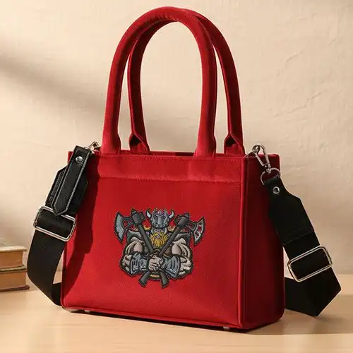 Embroidered Red Small Handbag With Axe Warrior Design