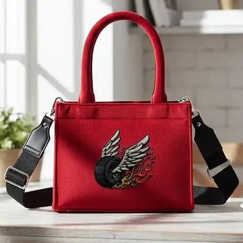 Embroidered Red Small Handbag With Hell Tire Design