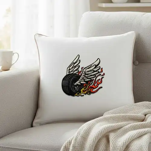 Embroidered White Cushion Cover With Hell Tire Design
