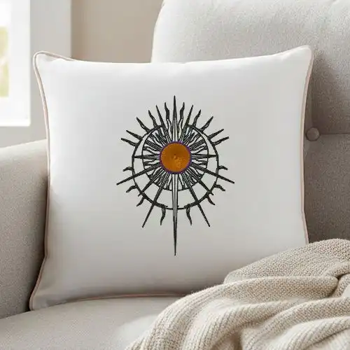 Embroidered White Cushion Cover With Radient Eclipse Design