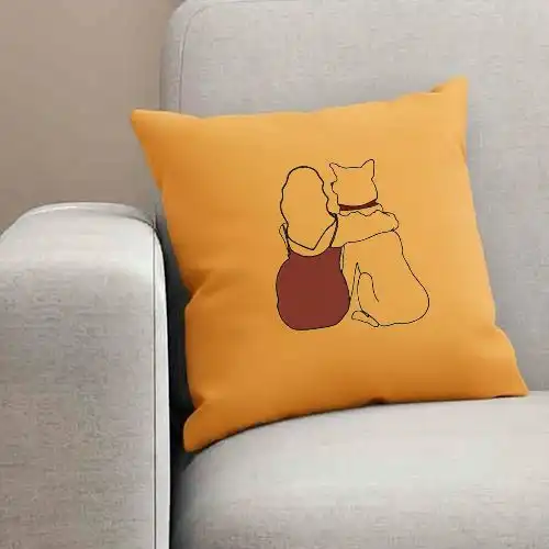 Embroidered Yellow Cushion Cover With Girl And Paw Design