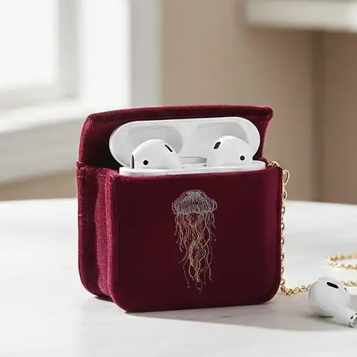 Embroidered Red Earphone Pouch Rainbow Fish Jelly Design