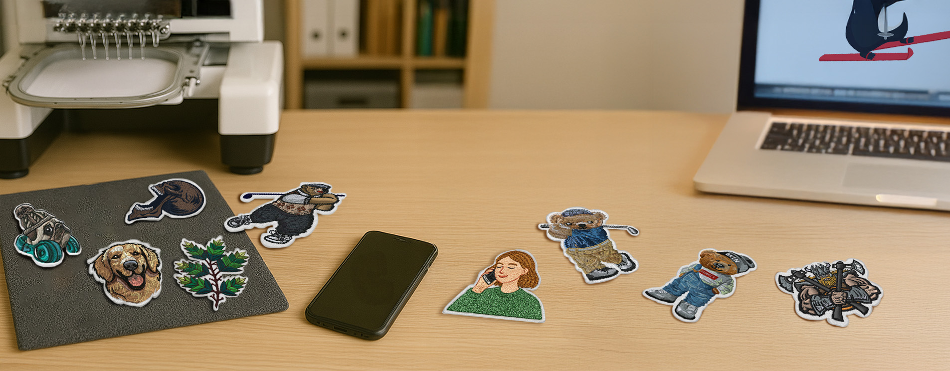Business inquiry banner for Dhaga-Raga featuring embroidered patches of various designs placed on a wooden desk beside an embroidery machine, smartphone, and laptop