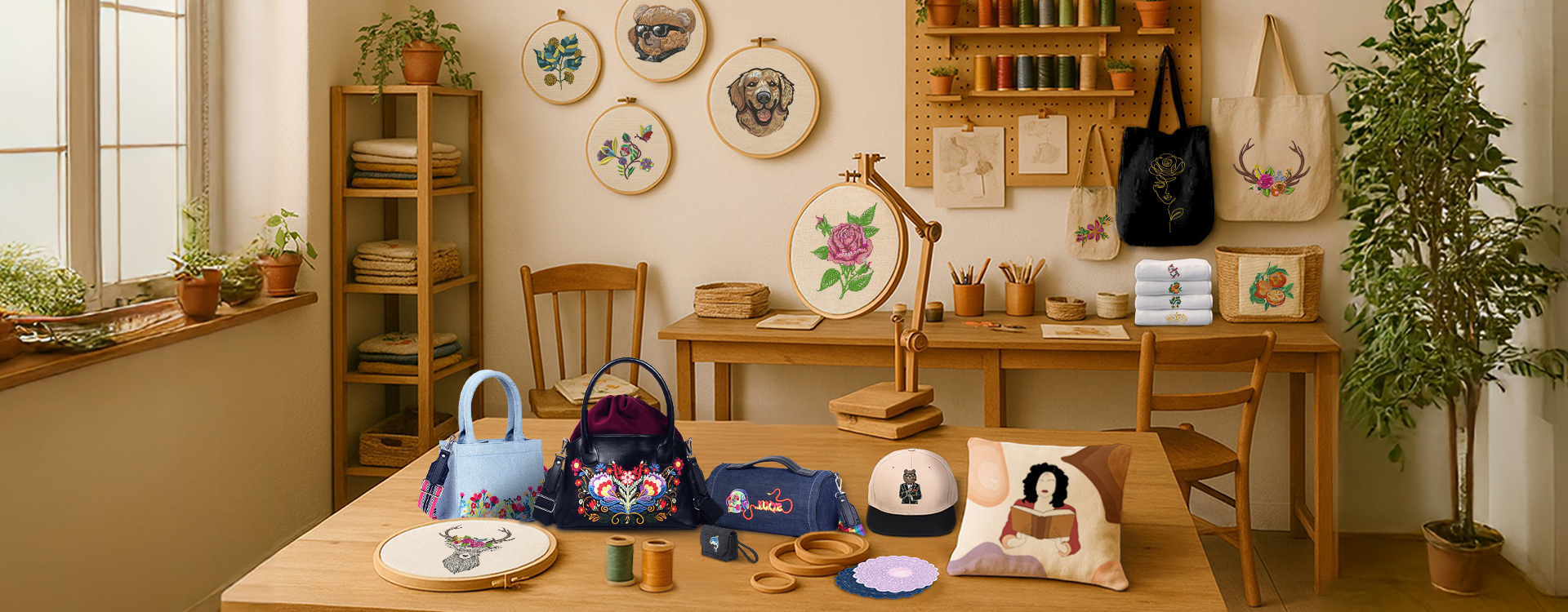 Kolorobia and Dhaga-Raga embroidered product showcase featuring tote bags, caps, towels, cushion covers and handbags displayed in a warm, artistic studio setup