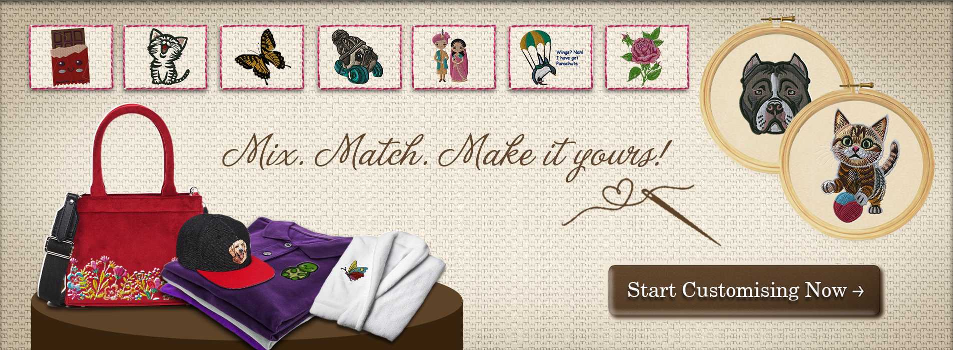 Dhaga-Raga customization banner showcasing a variety of embroidered designs including animals, florals, and quirky icons applied to products like handbags, caps, polos, and towels,and a call-to-action to start customizing