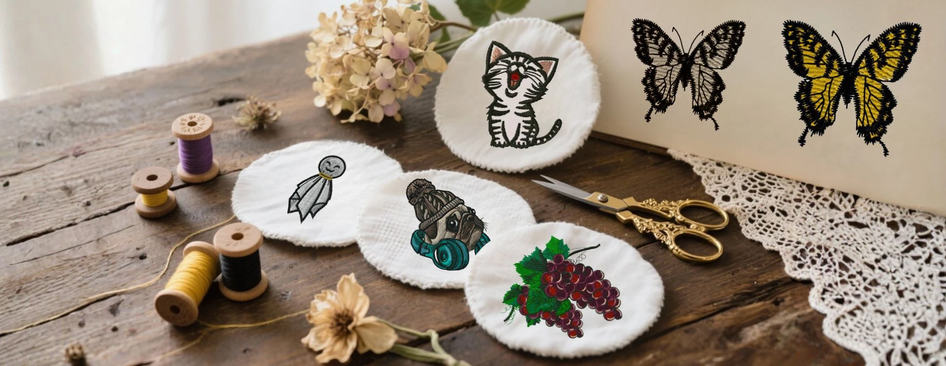 Dhaga-Raga customization banner showcasing a variety of embroidered designs including animals, florals, and quirky icons applied to products like handbags, caps, polos, and towels,and a call-to-action to start customizing