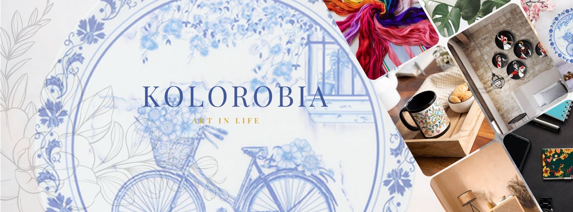 Main banner of Dhaga-Raga’s About Us page featuring colorful embroidery threads and scissors on a pastel background, highlighting the brand’s expertise in personalization, customization, and artistic product embroidery