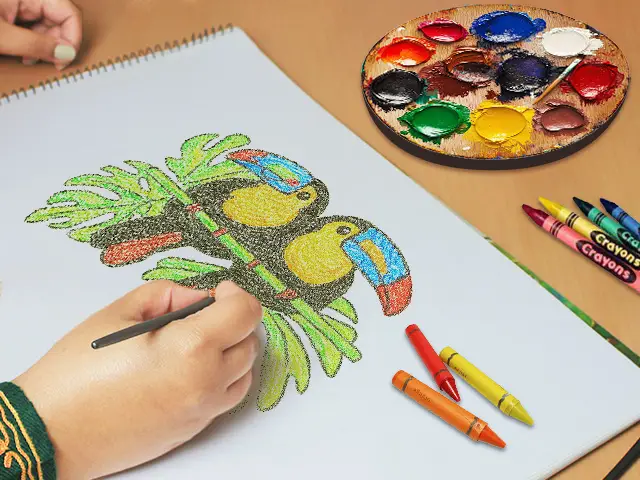 An artist sketching colorful toucans in a notebook with crayons and paint palette, showcasing the design process stage for personalized embroidery at Dhaga Raga