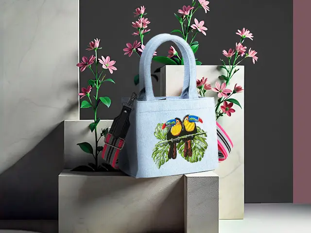 Embroidered tote bag featuring a vibrant toucan bird design, showcasing the final finishing of the Finishing process at Dhaga Raga