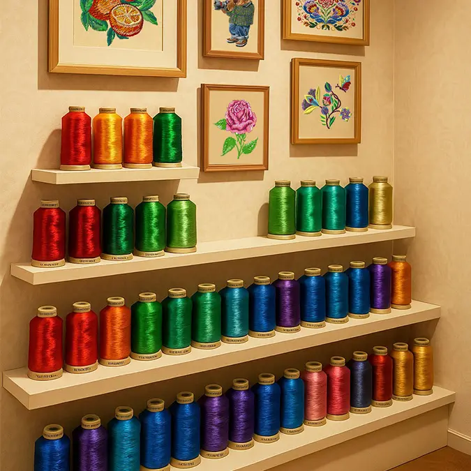 Vibrant embroidery thread collection displayed on shelves, showcasing the endless textures options available at DhagaRaga for personalized embroidery