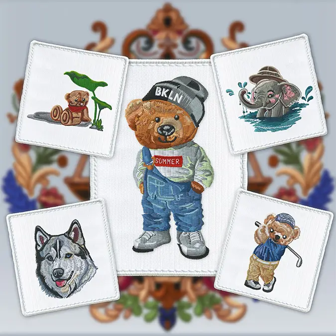 Various embroidered patches showcasing DhagaRaga's endless embroidery techniques, including 2D, flat, and 3D embroidery styles