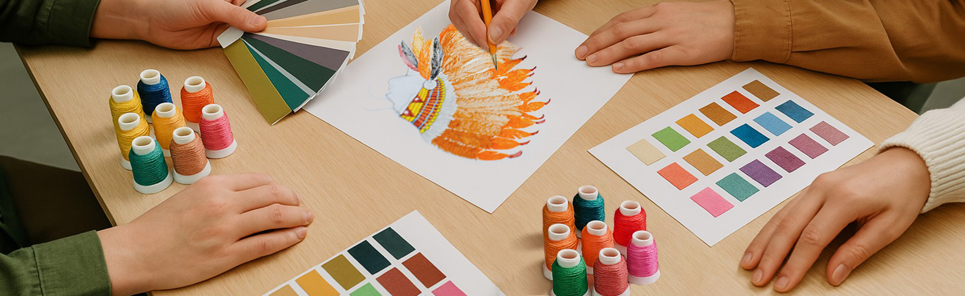 Creative embroidery design process with color palette selection, thread spools, and hand sketching at a designer studio table