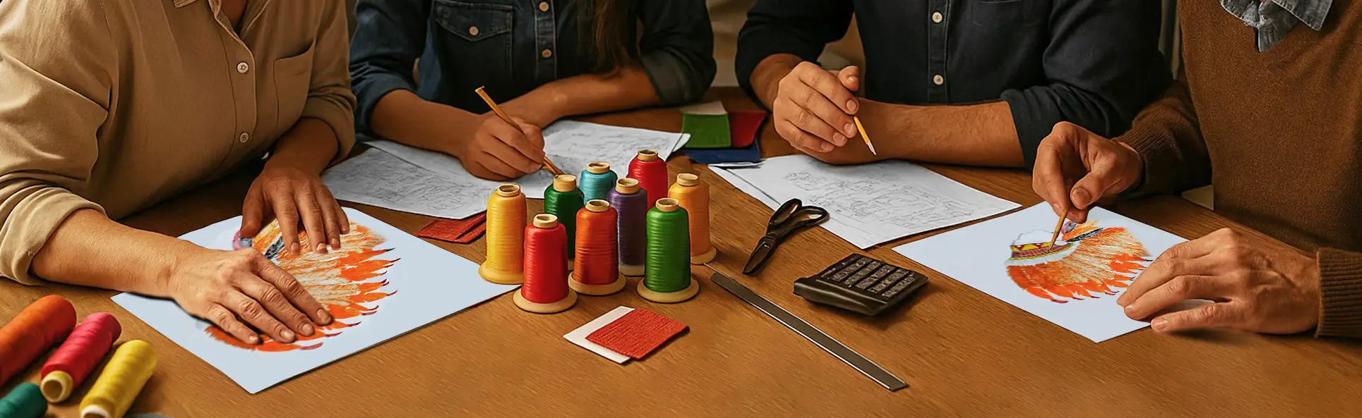 Team of designers working on embroidery costing with colorful threads, fabric swatches, and tools on the table during the Cost planning process