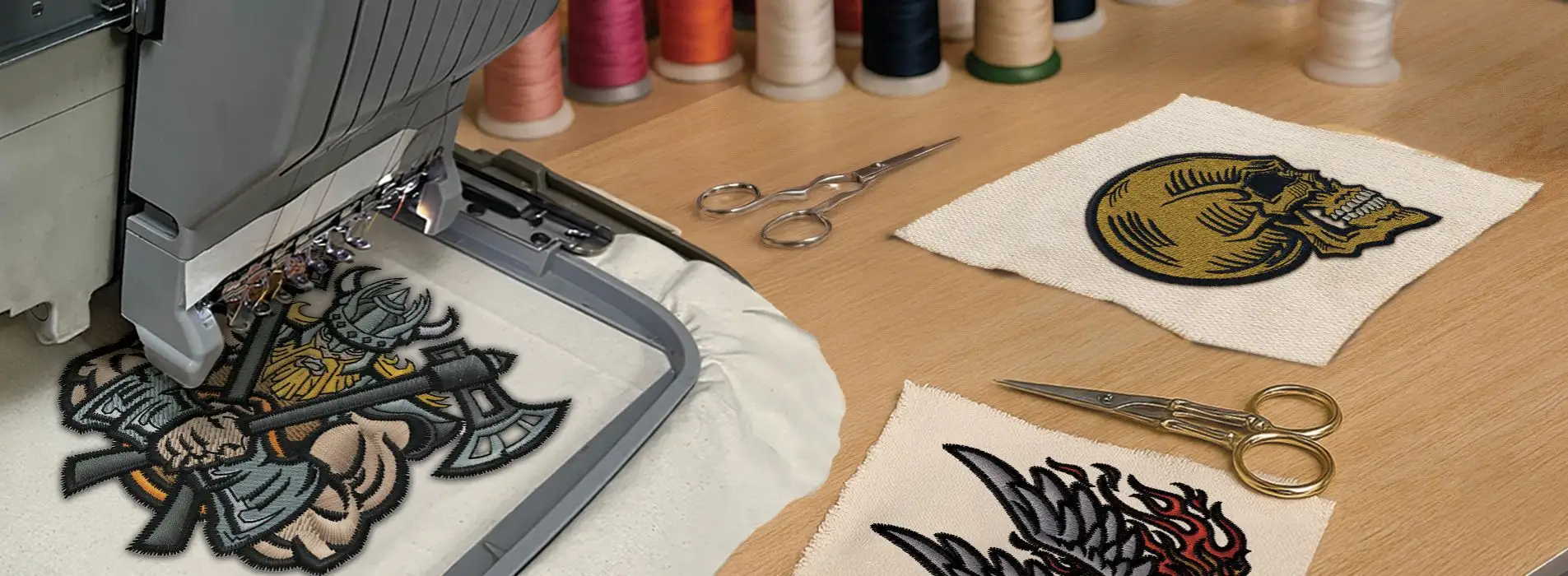 Embroidery machine stitching a colorful design onto fabric, demonstrating the embroidery process in action