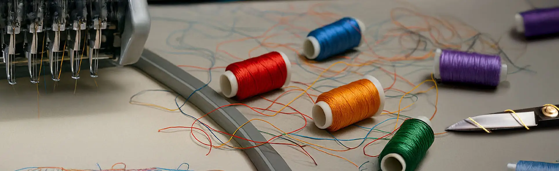 Embroidery machine setup with colorful loose threads, bobbins, and scissors scattered on a worktable, showcasing the embroidery process