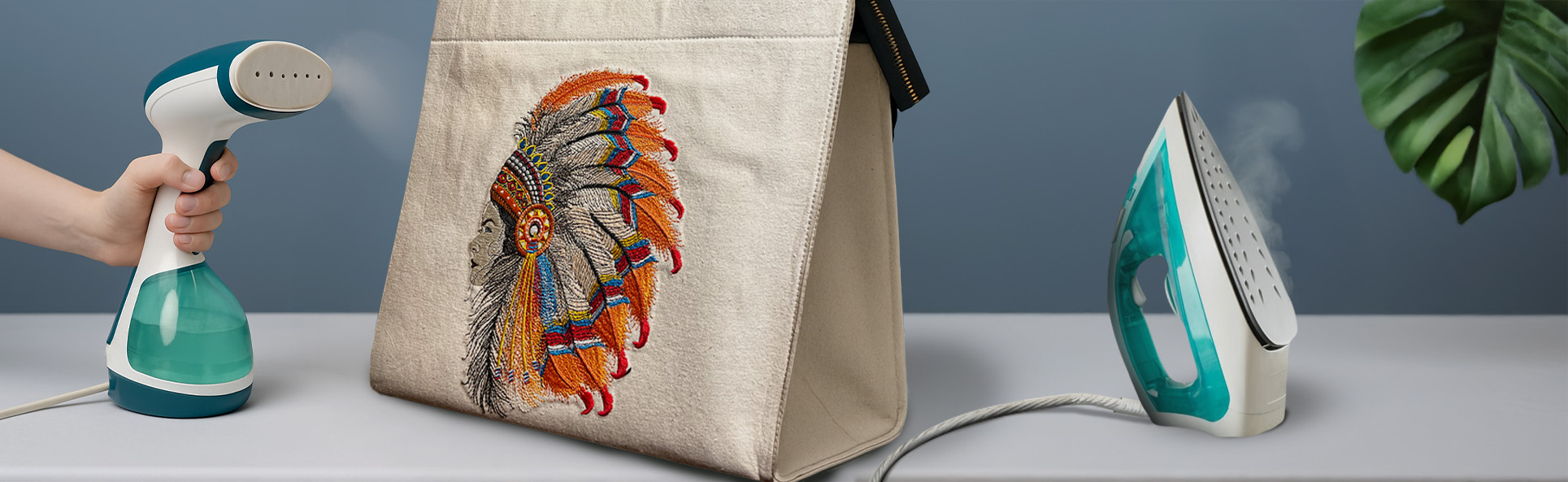Steaming and ironing a fabric bag featuring intricate multicolored embroidery artwork