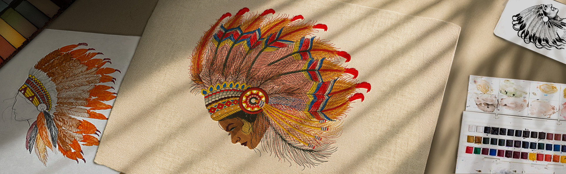Completed embroidery artwork displayed alongside original hand-drawn design and color palettes, showcasing the full creative journey