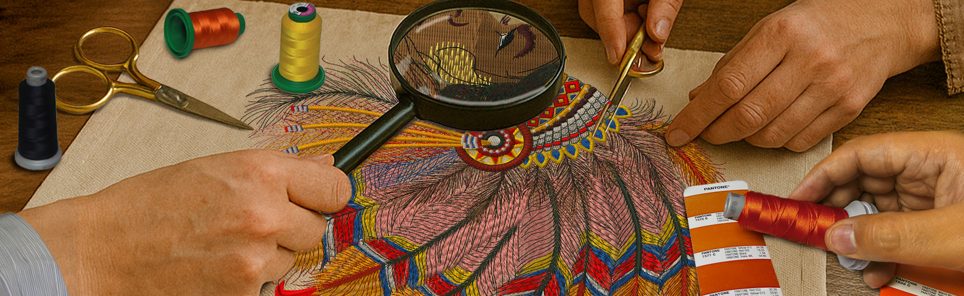 Detailed quality inspection of embroidery artwork using magnifying glass, scissors, and color threads for precision finishing