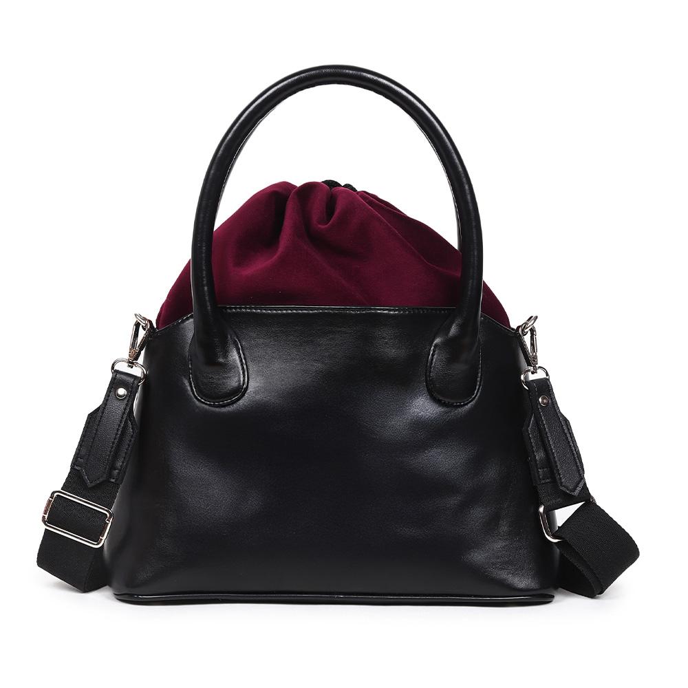 Black and Maroon Velvet Rexin Bucket Bag
